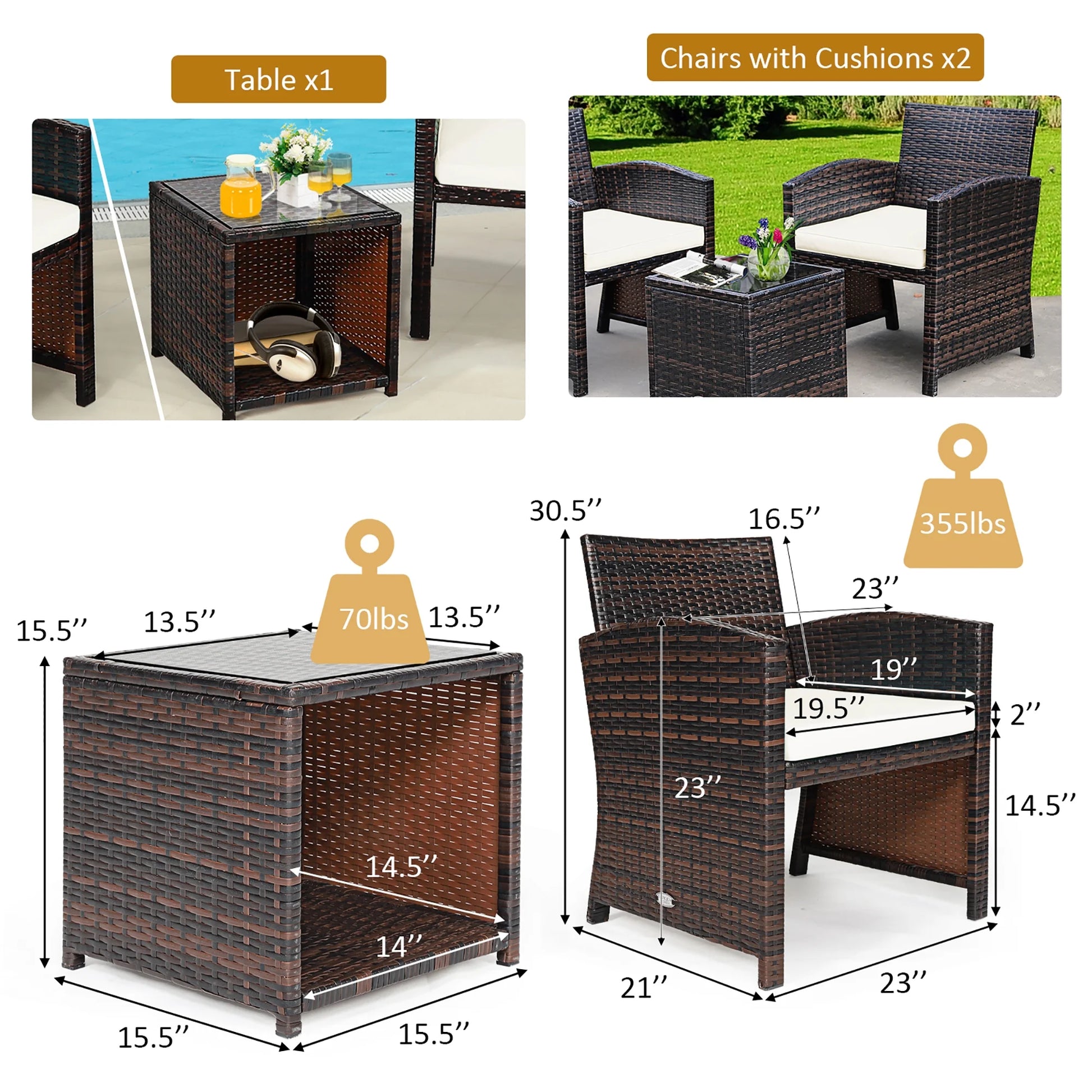 3PCS Patio Rattan Wicker Furniture Cushion Sofa Coffee Table White