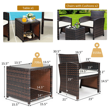 3PCS Patio Rattan Wicker Furniture Cushion Sofa Coffee Table White