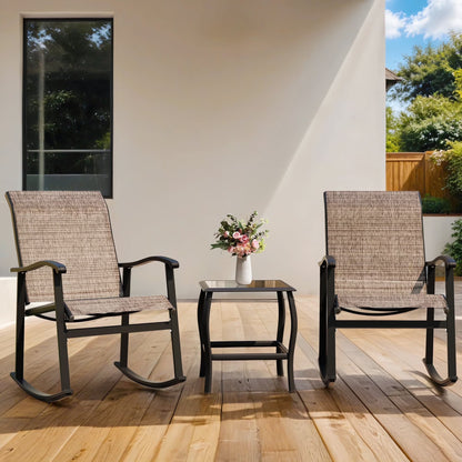 3 Pieces Rocking Bistro Patio Furniture Rocker Set with 2 Outdoor Rocking Chairs and 1 Glass Coffee Table for Porch Deck Lawn,Deep Blue