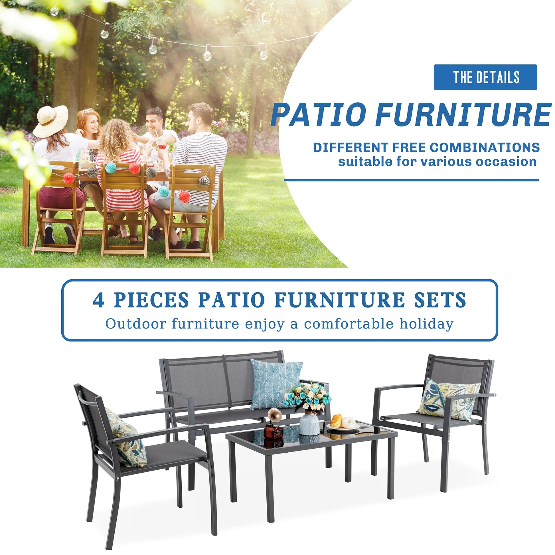 4 Pieces Outdoor Furniture Set All Weather Patio Textilene Steel Conversation Set, Patio Furniture Set Bistro Set with Loveseat Ea Table for Lawn and Balcony, Gray