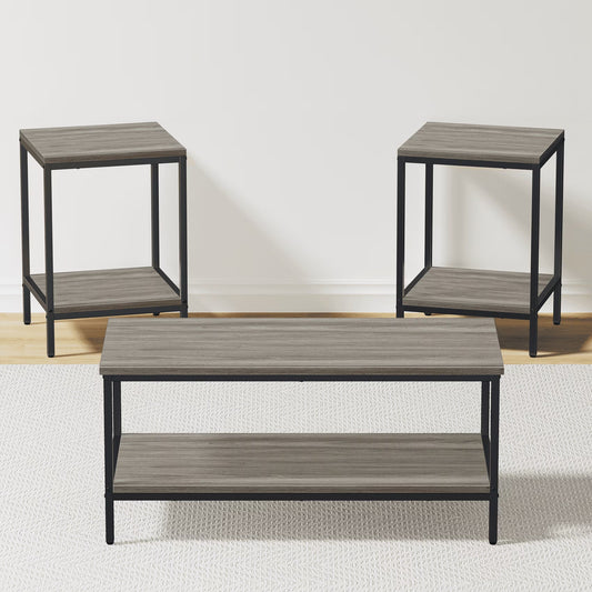 3-Piece Coffee Table Set for Living Room, End Table Set with Storage, Includes 1 Coffee Table and 2 End Tables, Rock Gray