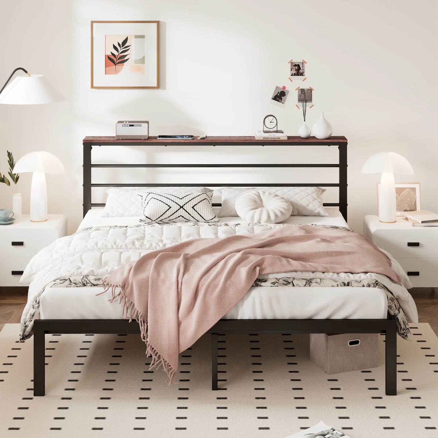 Twin Size Metal Platform Bed Frame with Black Shelf Headboard & Storage, Adult