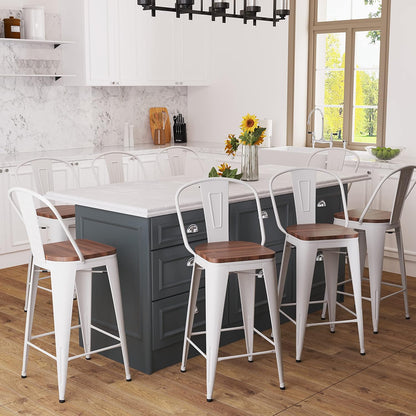Metal Bar Stools Set of 4,26 Inch Barstools Counter Height Bar Stool with Backs Farmhouse Bar Stools with Larger Seat High Back Kitchen Dining Chairs Modern Bar Chairs White Cream Stool