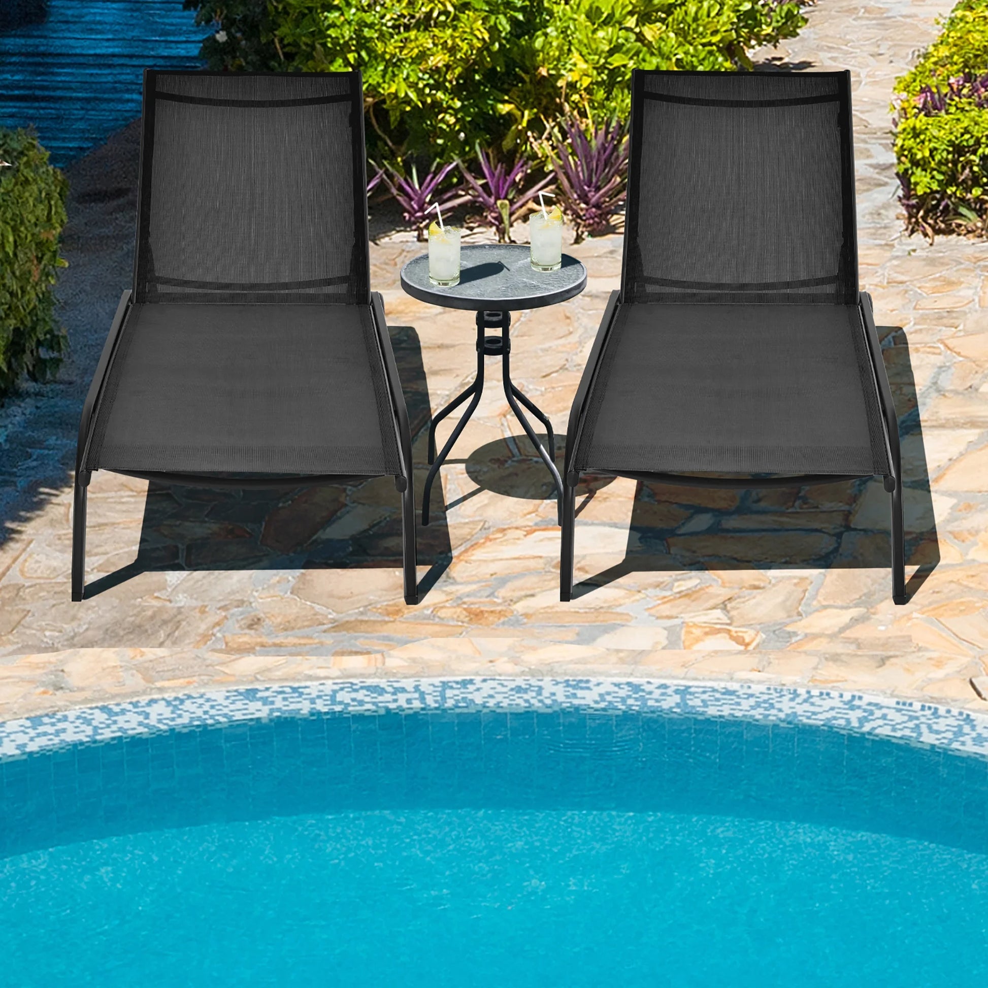 Outdoor Adjustable Chaise Lounge Patio 6-Position Recliner with Wheels Black