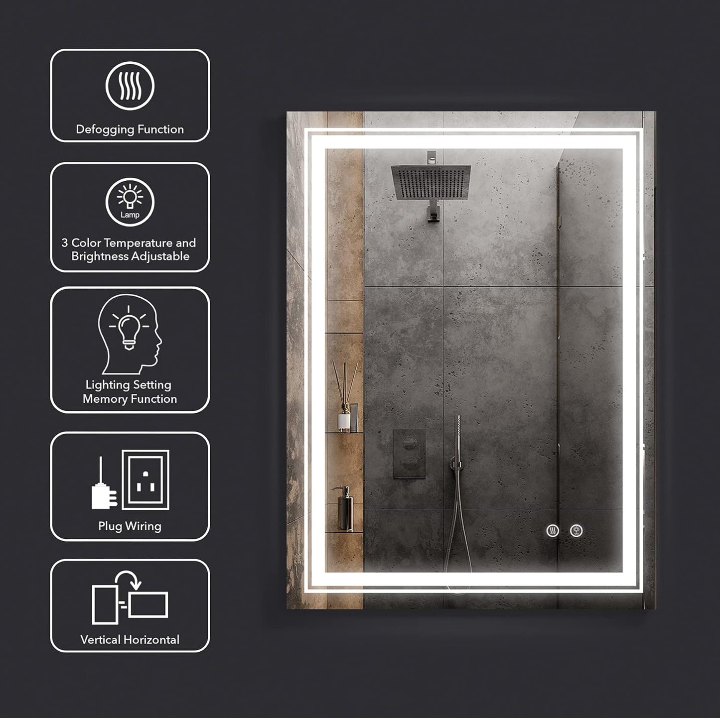 Bathroom LED Mirror 24" X 32" Frameless Wall Mounted Vanity Mirror with Dimmable Lights Anti-Fog Makeup Mirror, Horizontally/Vertically Hanging