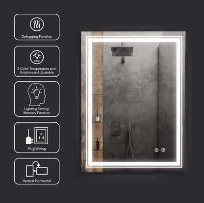 Bathroom LED Mirror 24" X 32" Frameless Wall Mounted Vanity Mirror with Dimmable Lights Anti-Fog Makeup Mirror, Horizontally/Vertically Hanging