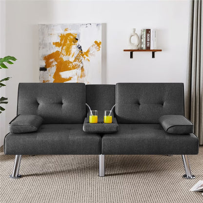 Fabric Upholstered Convertible Futon Sofa Bed with Cup Holders and Pillows, Black
