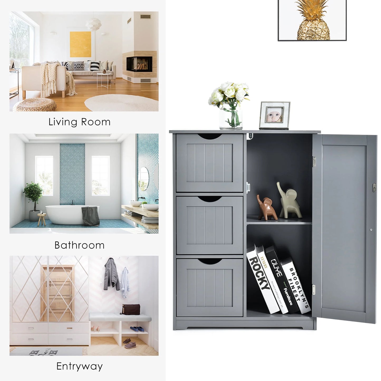 Bathroom Floor Cabinet Side Storage Cabinet with 3 Drawers and 1 Cupboard Grey