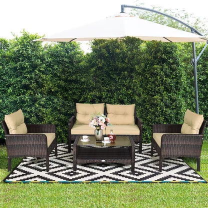 Rattan Outdoor Sofa with Brown Cushions and Steel Frame