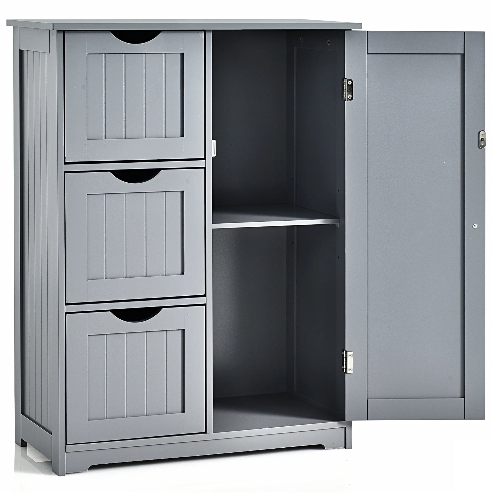 Bathroom Floor Cabinet Side Storage Cabinet with 3 Drawers and 1 Cupboard Grey