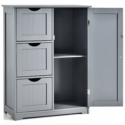 Bathroom Floor Cabinet Side Storage Cabinet with 3 Drawers and 1 Cupboard Grey