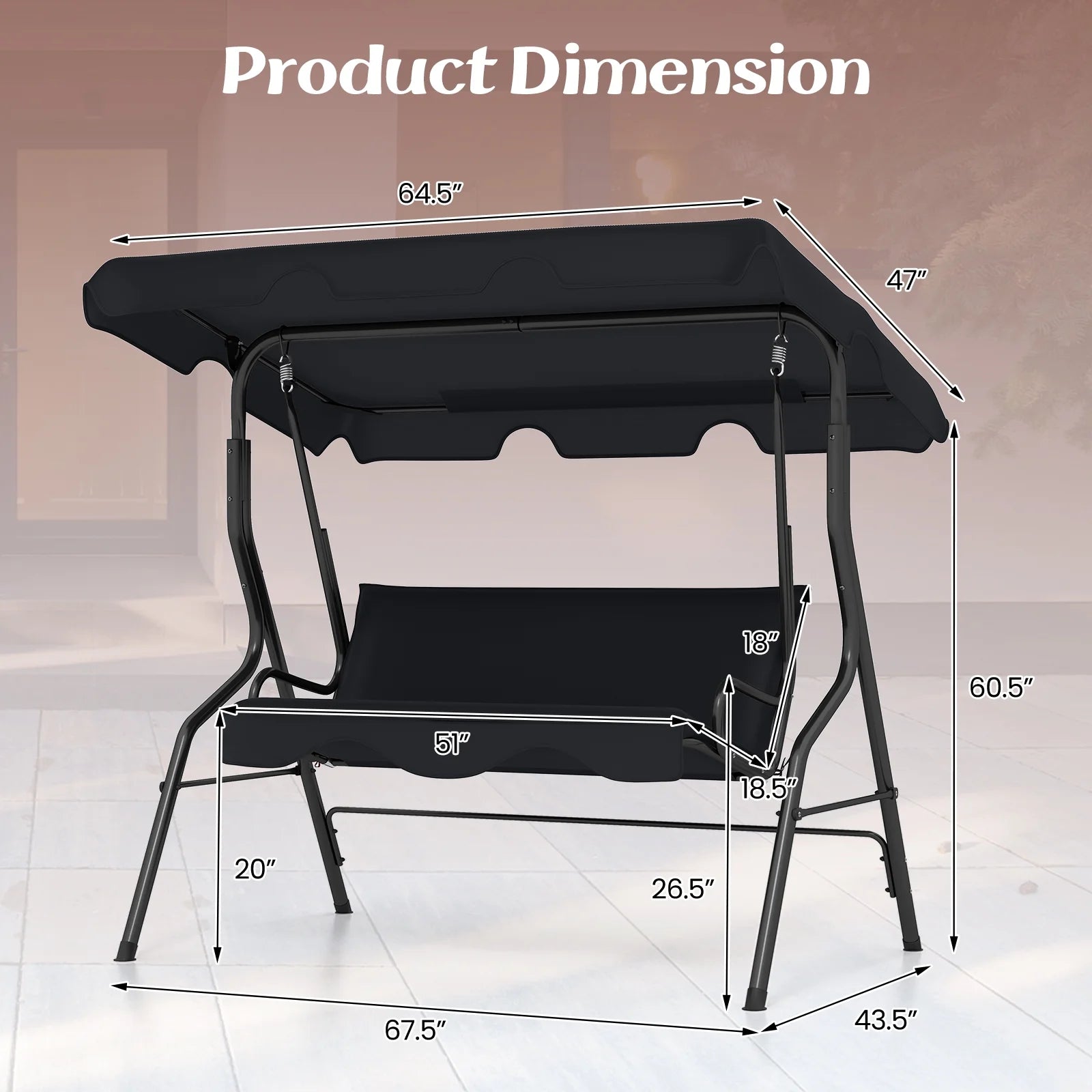Patio 3 Seats Canopy Porch Swing Glider Hammock Cushioned Steel Frame Outdoor Black