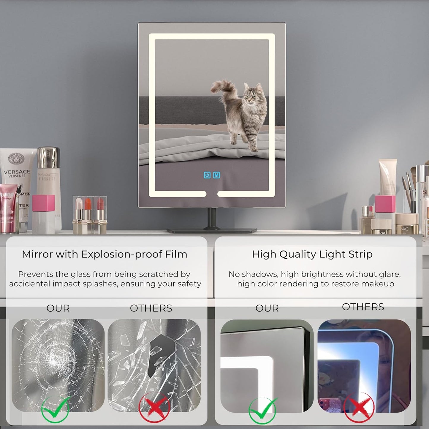 Makeup Mirror with Lights, 12.6 X 17.7 Inch LED Vanity Mirror, Lighted Makeup Mirror with Dimmable 3 Modes, Smart Touch Control, Aluminum Frame and Tempered Glass Base, Bronze