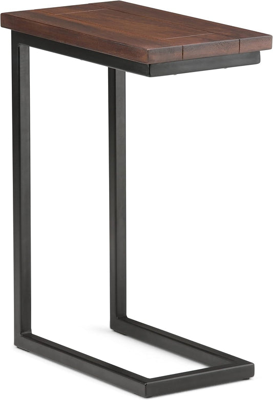 Skyler 18-Inch Wide Solid Mango/Metal Industrial C-Shaped End Table in Dark Cognac Brown/Black for Living Room, Office, or Bedroom, Assembled