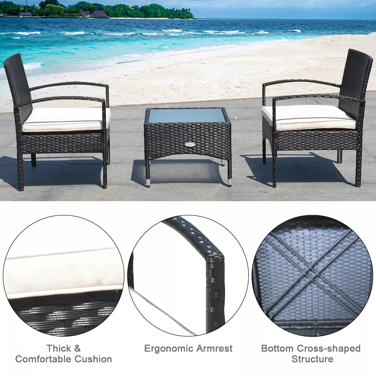 Costway 3 PCS Furniture Set Table & 2 Chair Patio Wicker Rattan W/Cushion