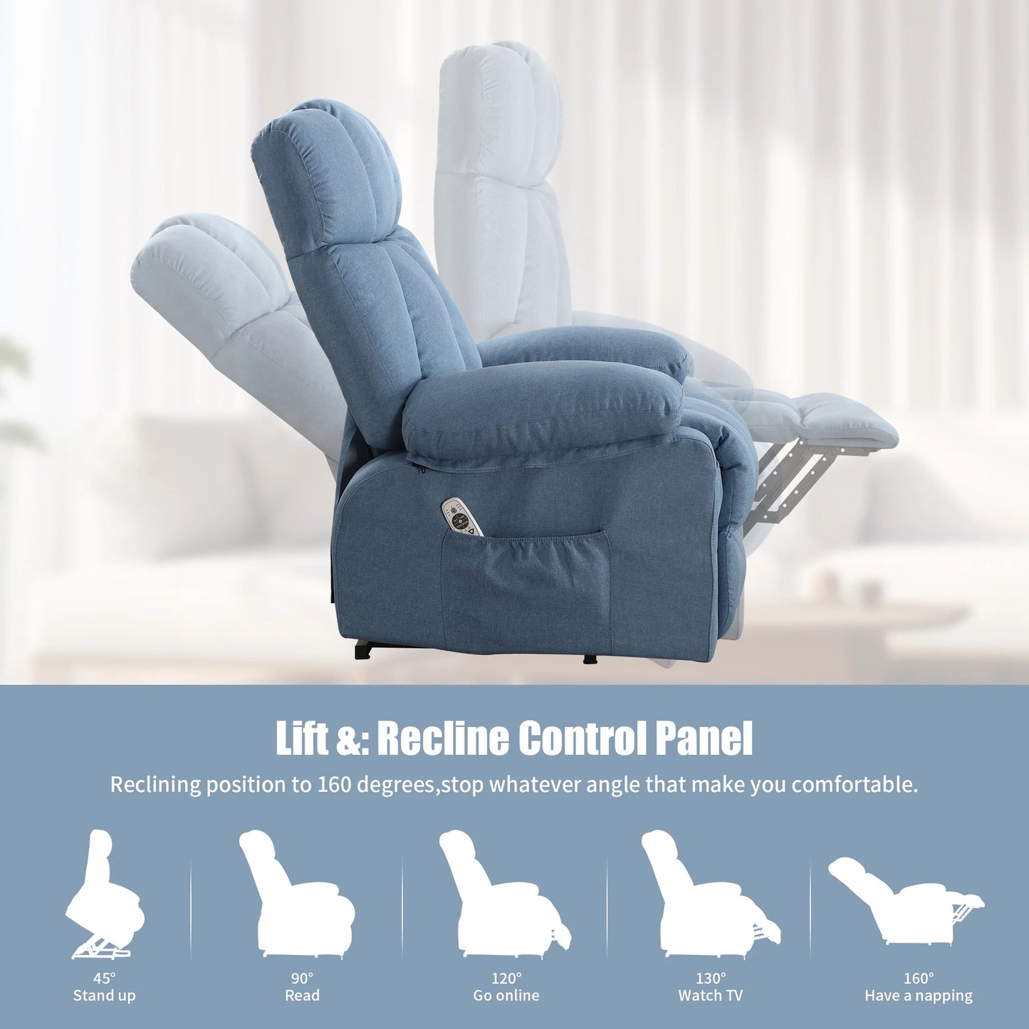 Power Lift Recliner Chair Recliners for Elderly with Heat and Massage Recliner Chair for Living Room with Infinite Position and Side Pocket,Usb Charge Port,Blue