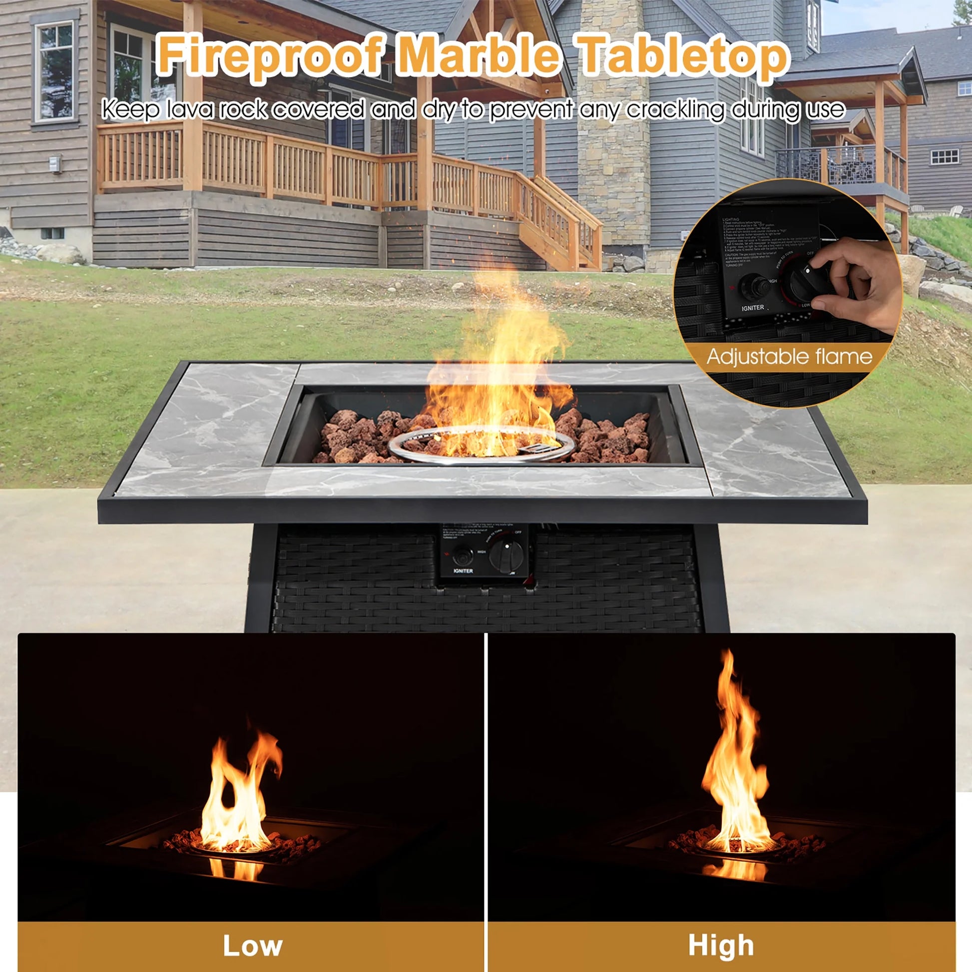 35'' Propane Gas Fire Pit Table Patio PE Wicker Rattan W/ Lava Rocks PVC Cover