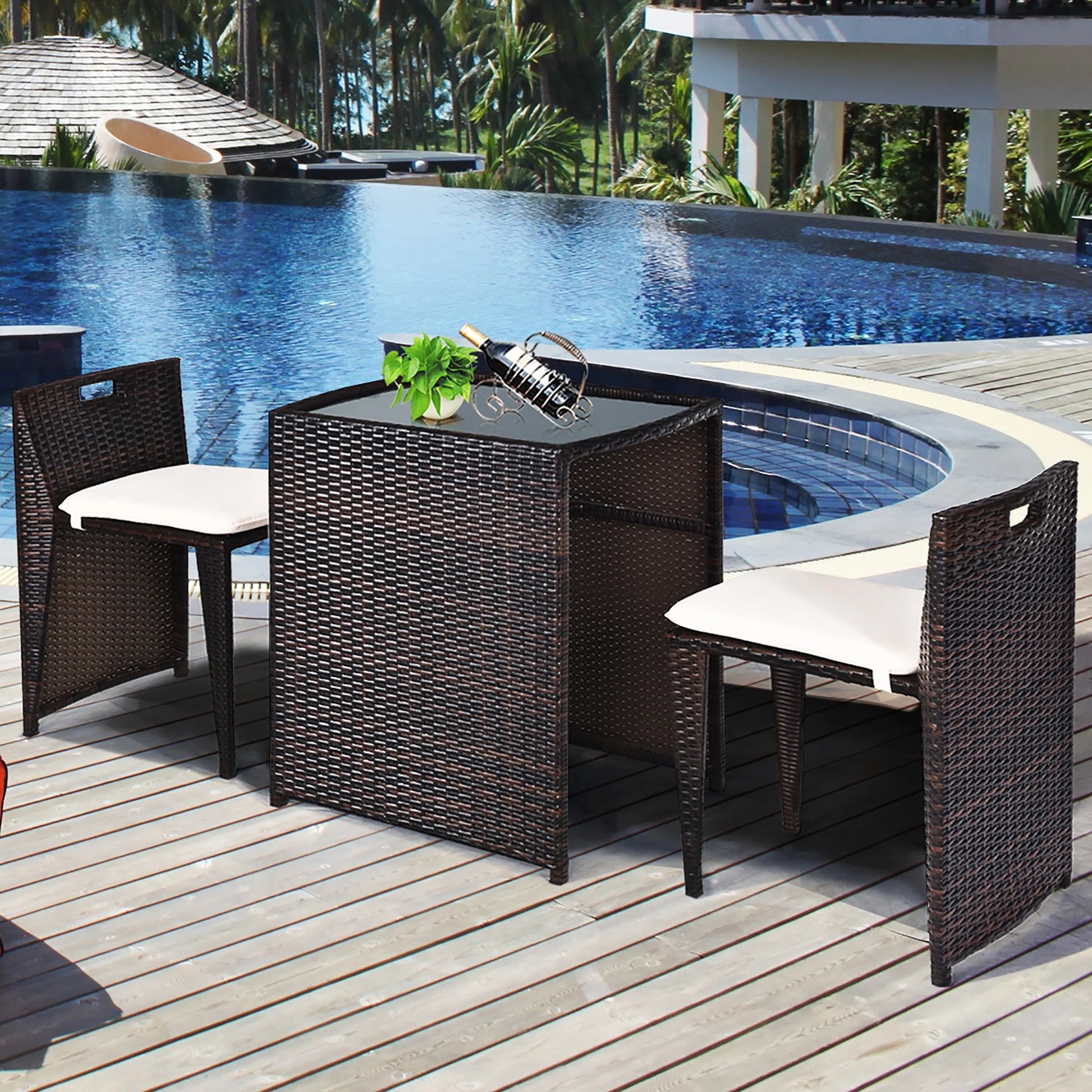 3PCS Outdoor Patio Rattan Furniture Set Space Saving Garden Deck W/Cushion No Assembly