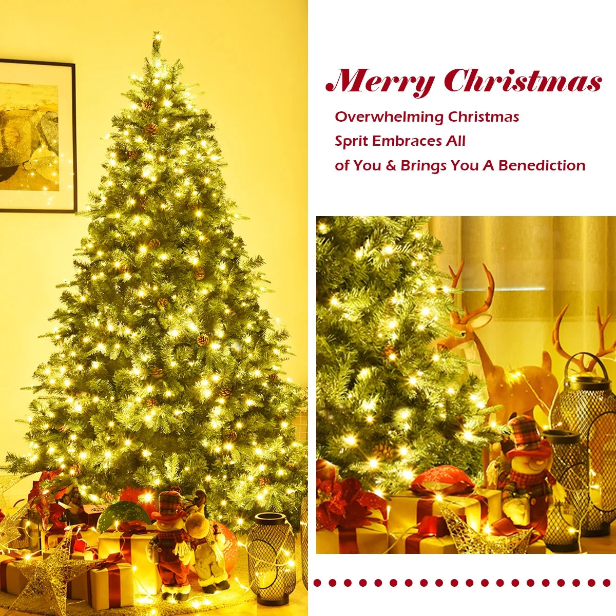 7Ft Pre-Lit Christmas Tree Hinged 460 LED Lights Pine Cones