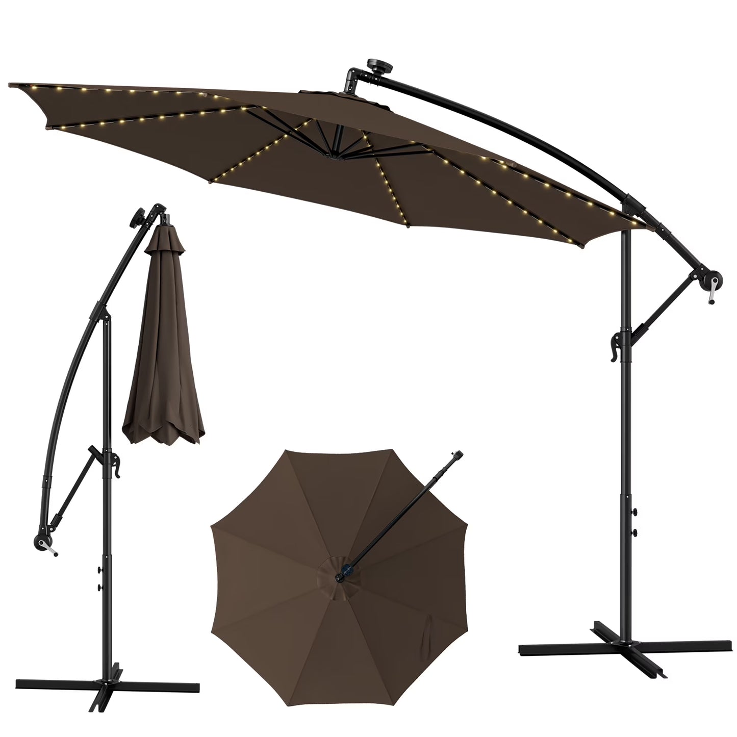 10FT Patio Solar-Lighted 112 LED Cantilever Offset Umbrella Crank Tilt Outdoor Beige