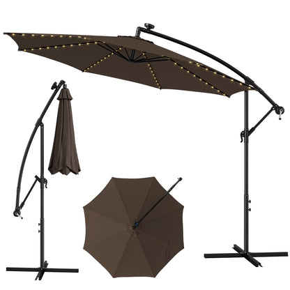 10FT Patio Solar-Lighted 112 LED Cantilever Offset Umbrella Crank Tilt Outdoor Beige