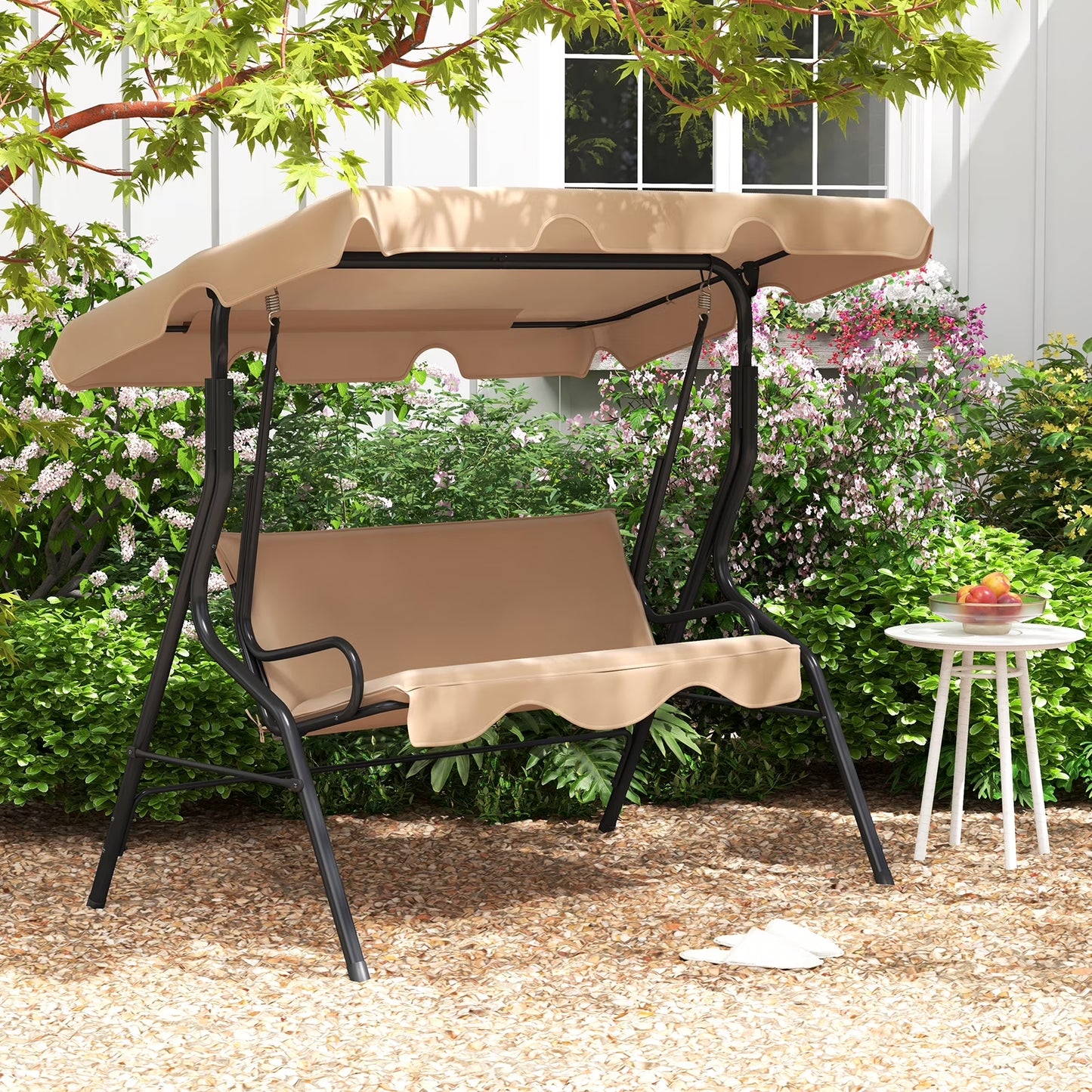 Patio 3 Seats Canopy Porch Swing Glider Hammock Cushioned Steel Frame Outdoor Black