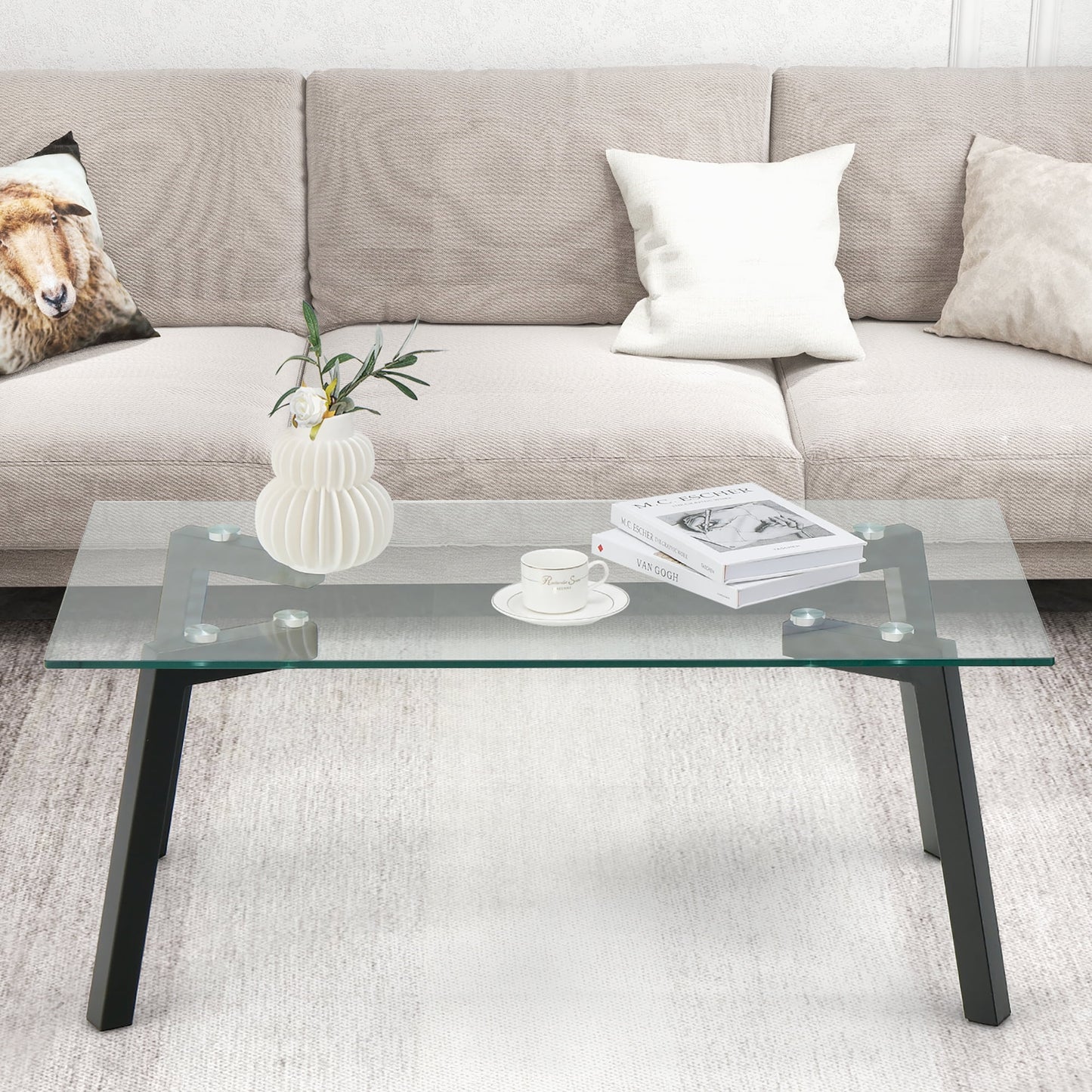 Tempered Glass Coffee Table Modern Center Table with Metal Frame for Living Room
