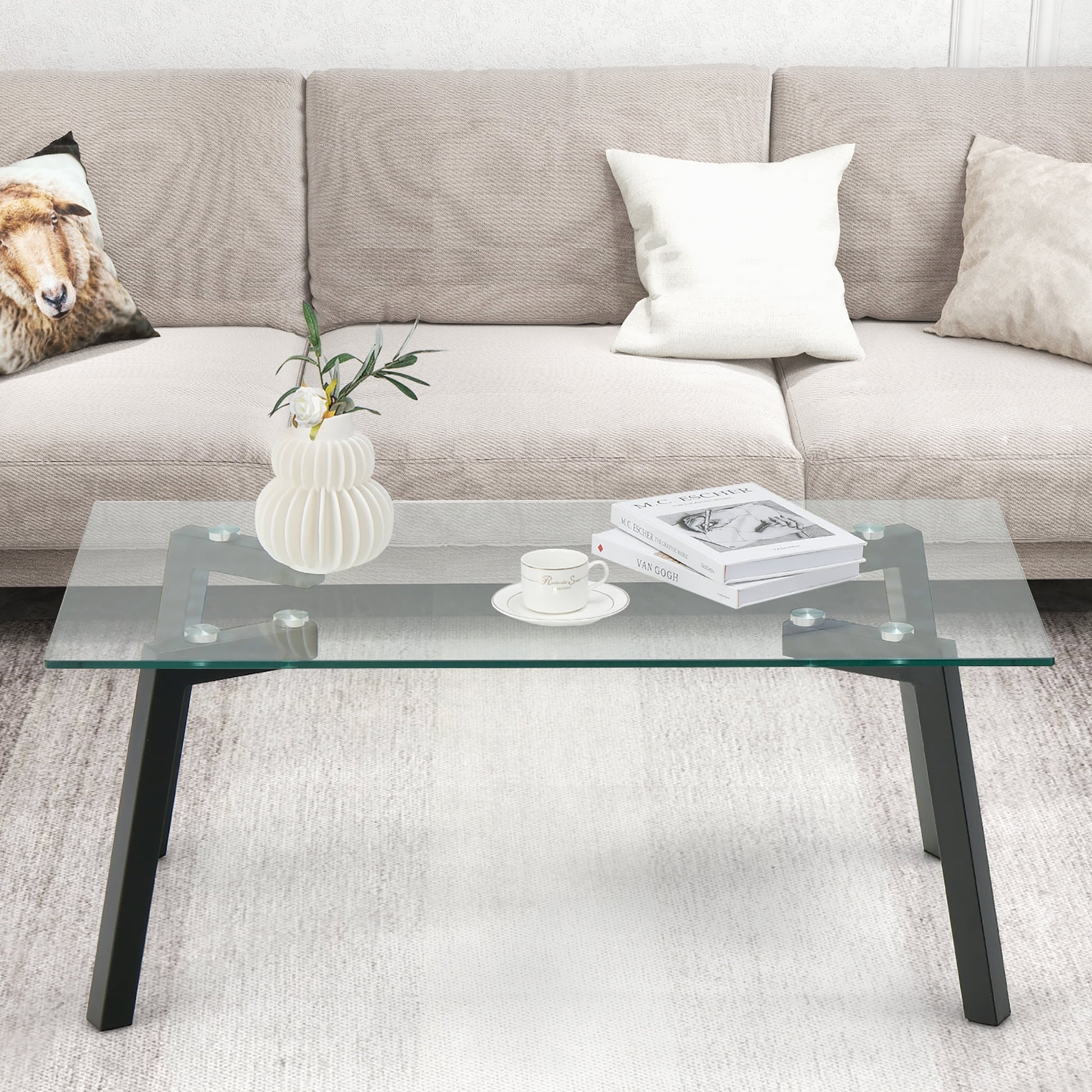 Tempered Glass Coffee Table Modern Center Table with Metal Frame for Living Room