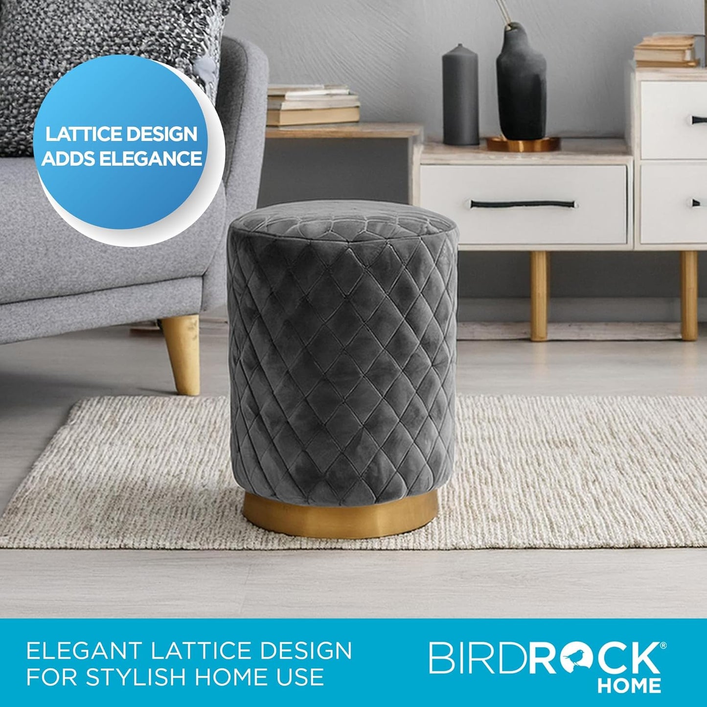 Velvet round Ottoman Foot Stool with Lattice Design and Gold Trim - Soft, Padded Foot Rest for Living Room or Bedroom – Decorative Foot Ottoman for Chair, Rocking Chair or Couch - Grey