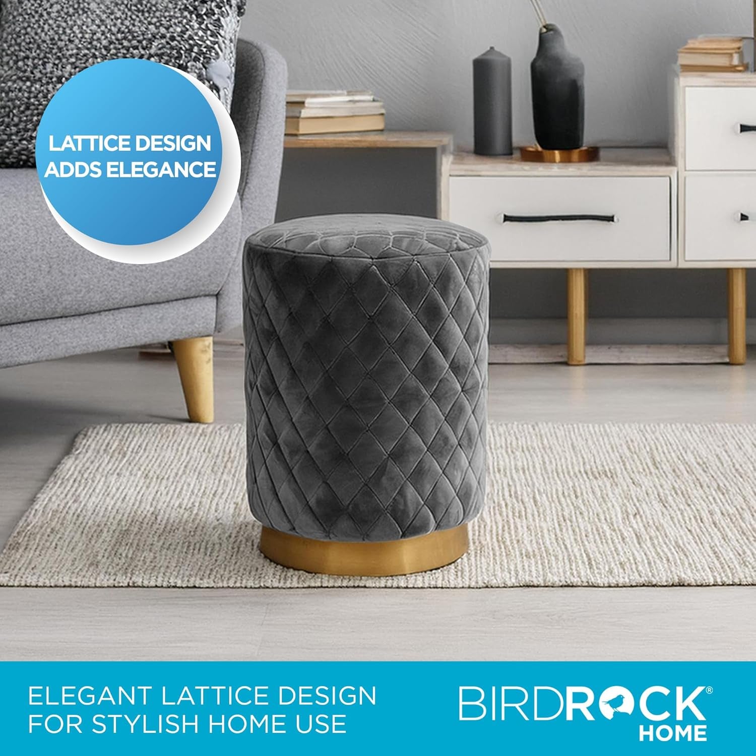 Velvet round Ottoman Foot Stool with Lattice Design and Gold Trim - Soft, Padded Foot Rest for Living Room or Bedroom – Decorative Foot Ottoman for Chair, Rocking Chair or Couch - Grey
