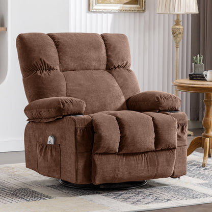 Massage Swivel Rocker Recliner Chair with Vibration Massage and Heat Ergonomic Lounge Chair for Living Room with Rocking Function and Side Pocket, 2 Cup Holders, USB Charge Port,Brown