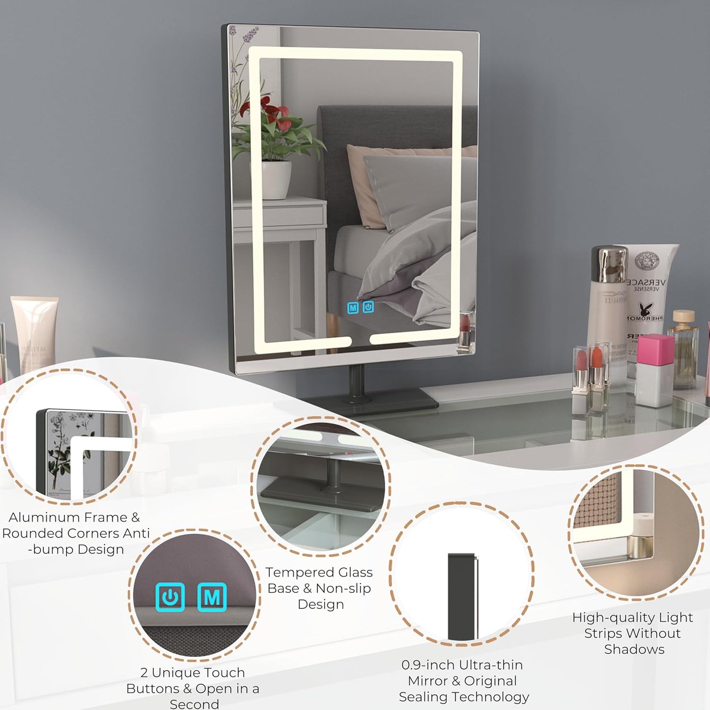 Makeup Mirror with Lights, 12.6 X 17.7 Inch LED Vanity Mirror, Lighted Makeup Mirror with Dimmable 3 Modes, Smart Touch Control, Aluminum Frame and Tempered Glass Base, Bronze