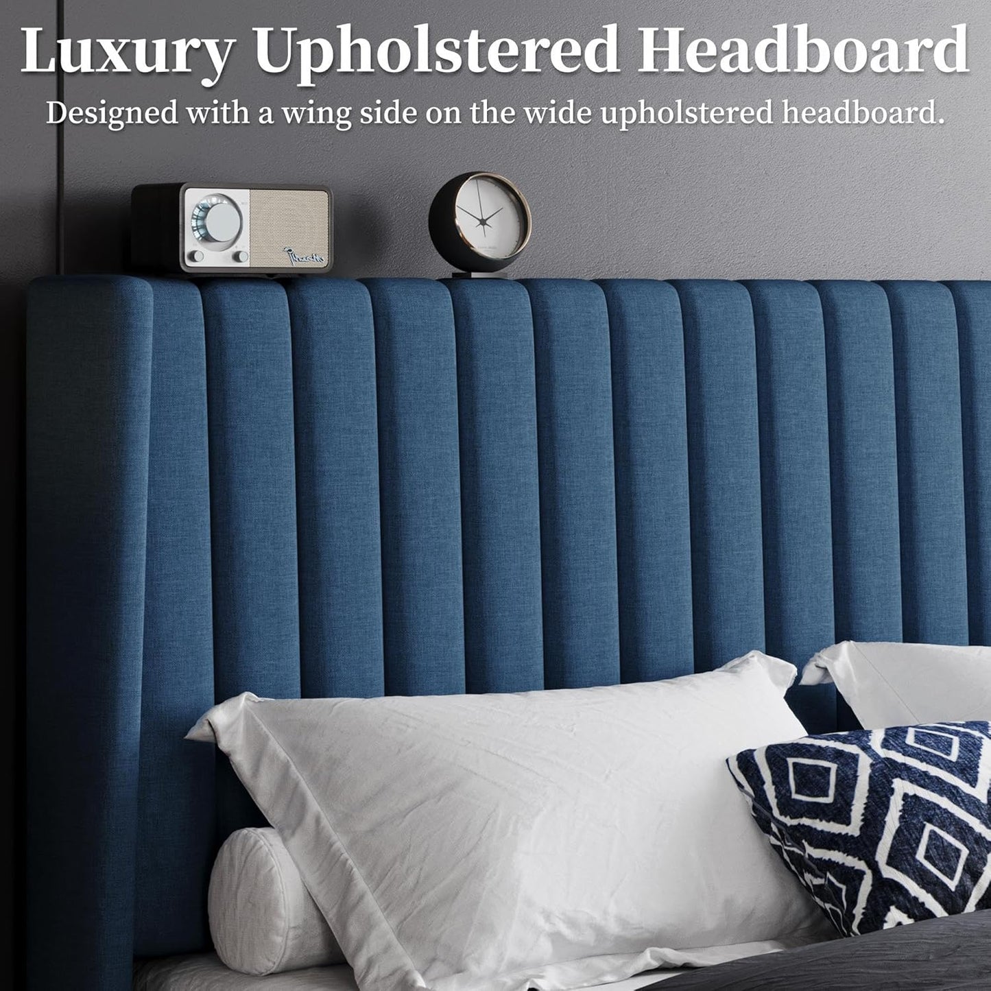 Queen Bed Frame Upholstered Platform Bed with Fabric Headboard, Wing Edge Design/Non-Slip and Noise-Free/Wooden Slats Support/No Box Spring Needed/Easy Assembly, Navy Blue Queen Bed