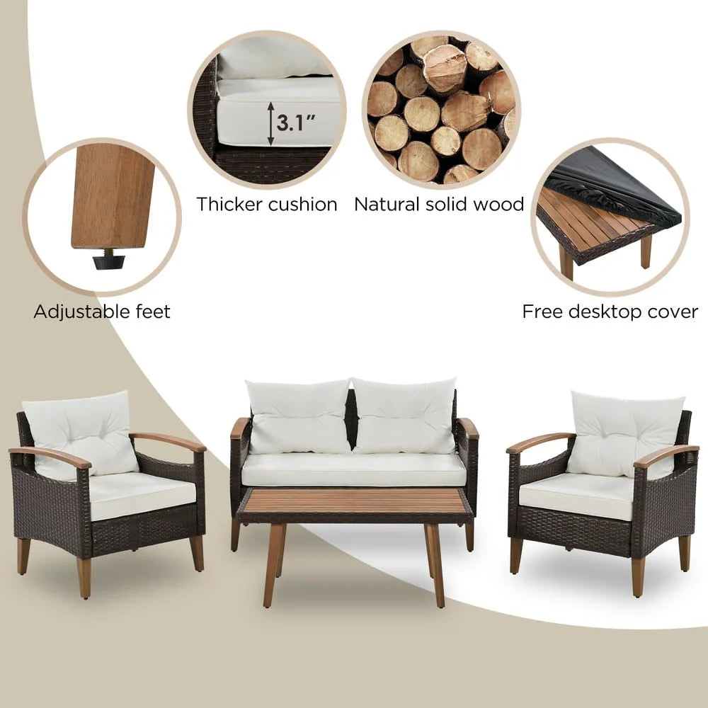 4-Piece Patio Seating Set, Patio Furniture Set, Patio Furniture Set, Wicker Garden Furniture with Wood Table and Legs, PE Rattan Outdoor Sofa Set for Balcony, Beige