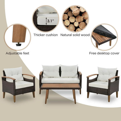 4-Piece Patio Seating Set, Patio Furniture Set, Patio Furniture Set, Wicker Garden Furniture with Wood Table and Legs, PE Rattan Outdoor Sofa Set for Balcony, Beige