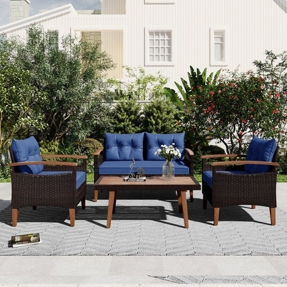 4-Piece Patio Seating Set, Patio Furniture Set, Patio Furniture Set, Wicker Garden Furniture with Wood Table and Legs, PE Rattan Outdoor Sofa Set for Balcony, Beige