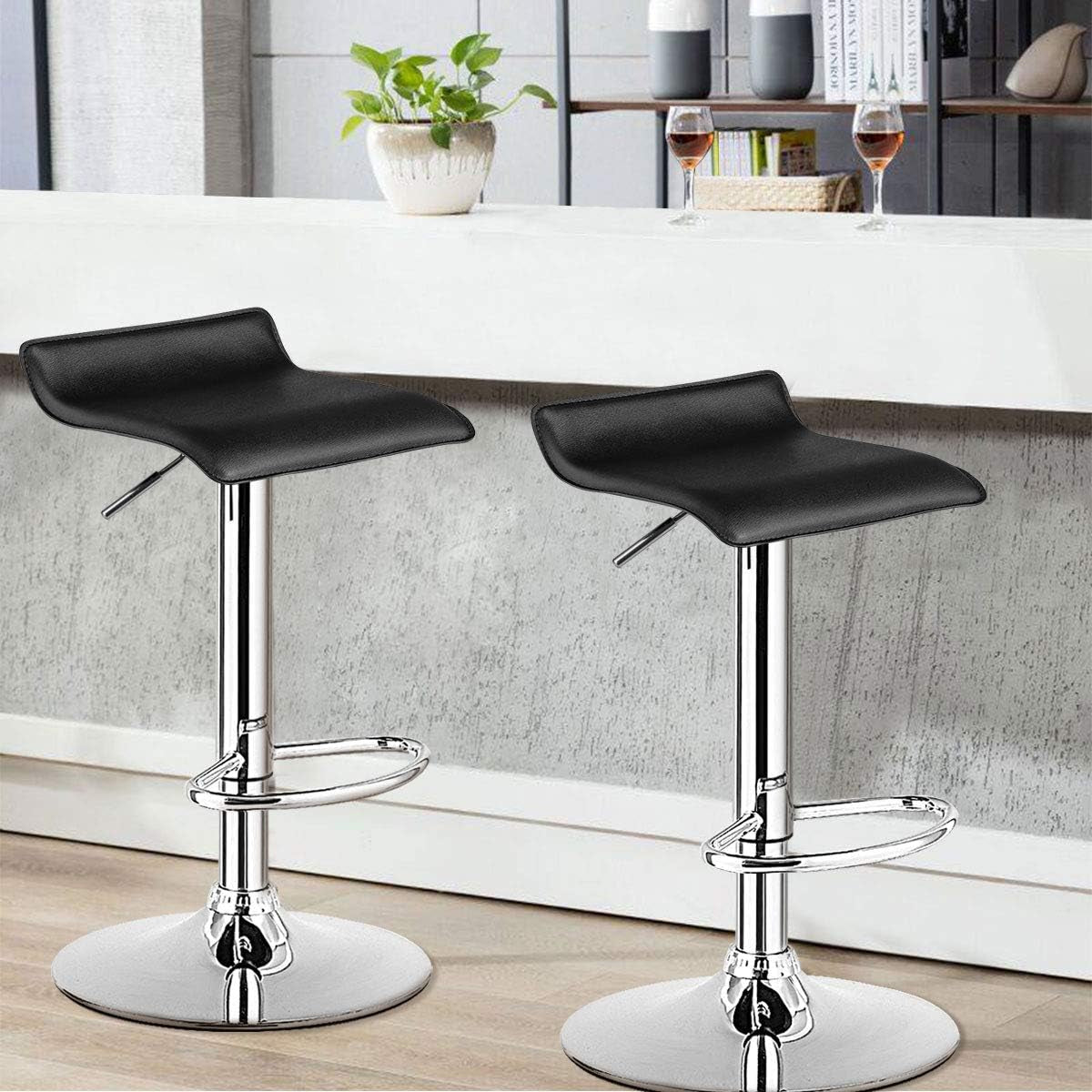 Bar Stools Set of 2, Modern Swivel Contemporary Barstools with Adjustable Height, Footrests, Chrome Hydraulic PU Leather Backless Bar Chairs for Kitchen Island Cafe Pub, Black