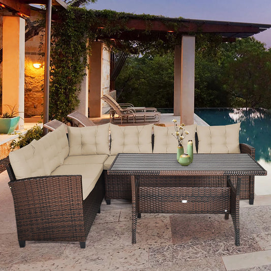3PCS Rattan Dining Set Patio Furniture 6 Seats Sofa Cushioned