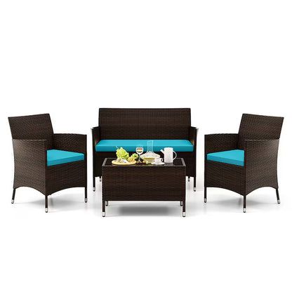 4 Pieces Comfortable Mix Outdoor Rattan Sofa Set with Glass Coffee Table 4 -Piece Rattan Patio Conversation Set with Blue Cushions