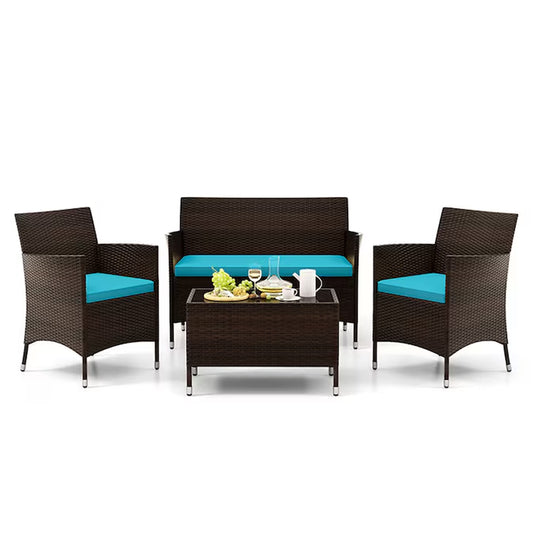 4 Pieces Comfortable Mix Outdoor Rattan Sofa Set with Glass Coffee Table 4 -Piece Rattan Patio Conversation Set with Blue Cushions