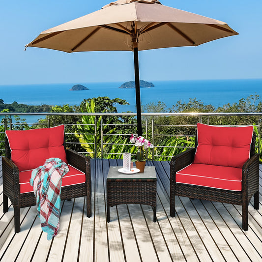 3PCS Outdoor Rattan Conversation Set Patio Furniture Cushioned Sofa Chair Red