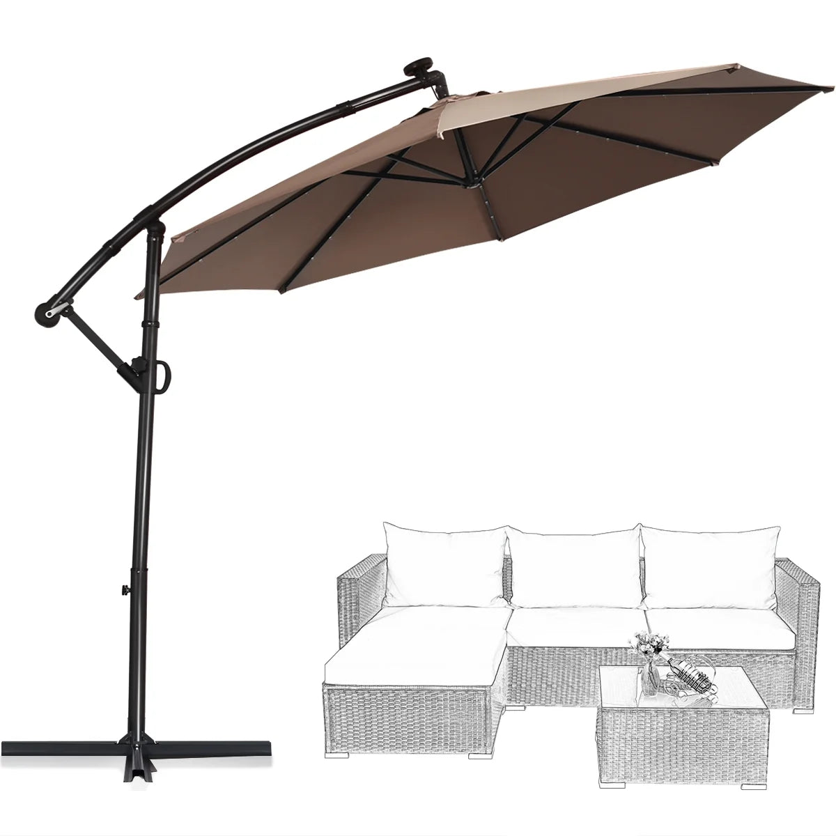 90" Brown Cantilever Patio Umbrellas, LED Lights