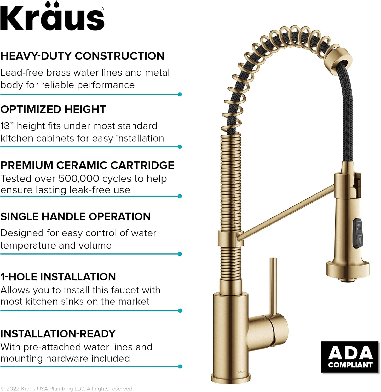 Bolden Commercial Style 2-Function Single Handle Pull down Kitchen Faucet in Spot-Free Brushed Brass, KPF-1610BB