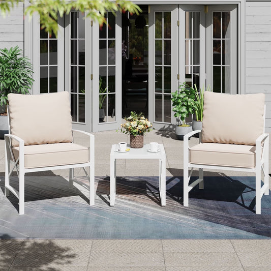 3-Piece Patio Furniture Set, Outdoor Conversation Furniture Set with Matching Side Table, Metal Sofa Chairs Detachable Cushions Khaki