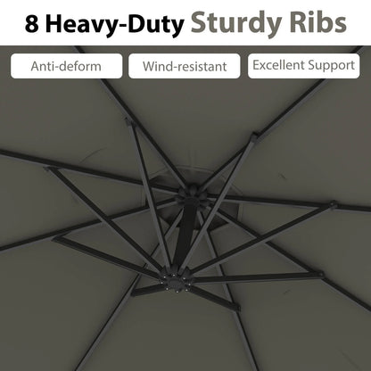 10 FT Patio Offset Umbrella W/8 Ribs Cross Base Tilt Grey
