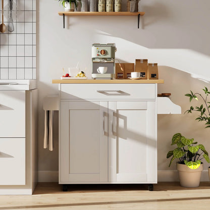 Rolling Kitchen Island Cart Storage Cabinet W/ Towel & Spice Rack White