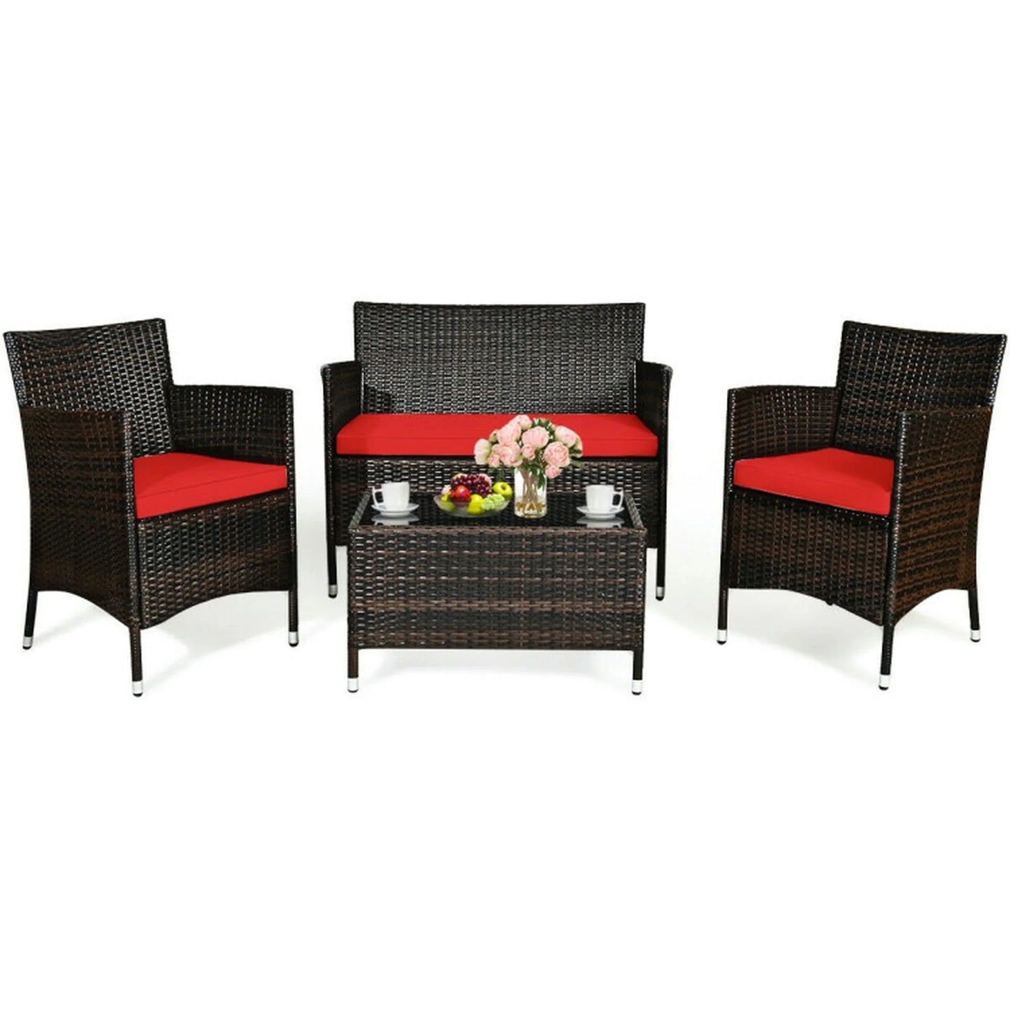 4-Piece Patio Seating Set, Patio Furniture Set, Patio Furniture Set, Wicker Garden Furniture with Wood Table and Legs, PE Rattan Outdoor Sofa Set for Balcony, Beige