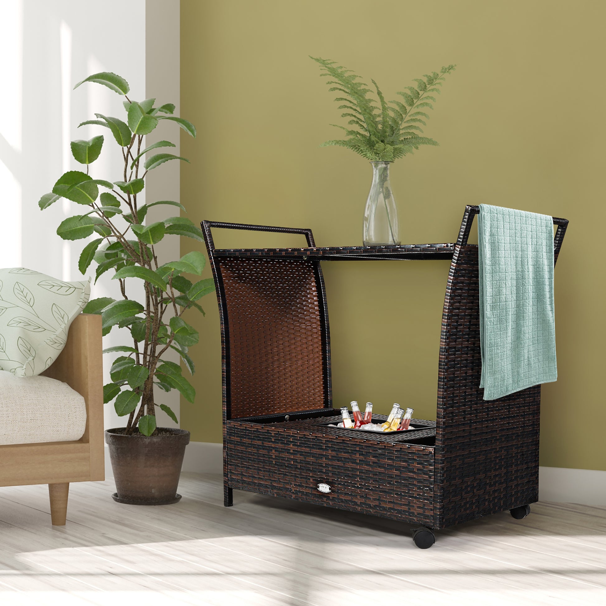 Patio Rolling Rattan Kitchen Trolley Cart Dining Aluminum Frame with Storage Box