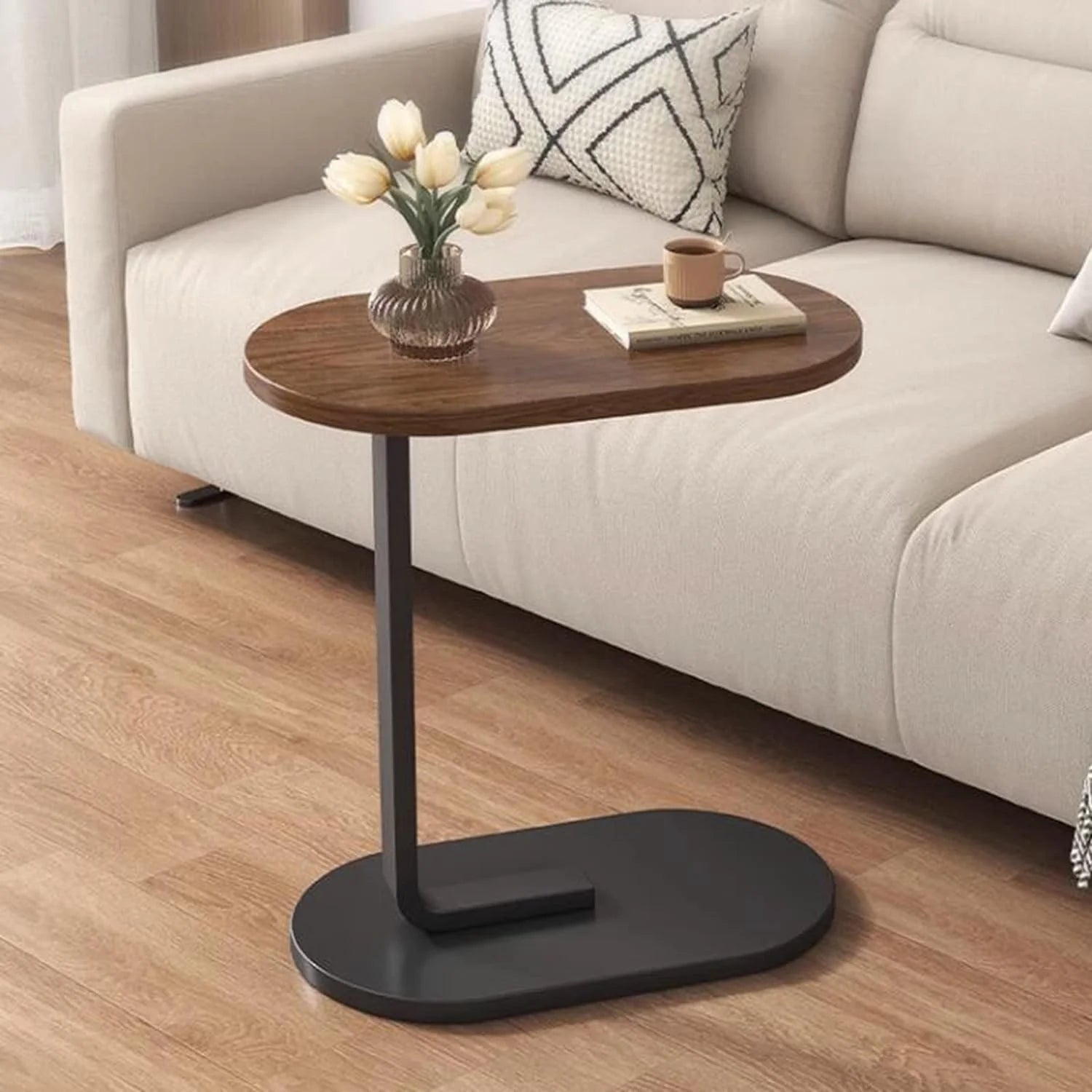 C-Shaped End Table Small Couch Side Table for Sofa Bedside Living Room Bedroom Furniture, 12" W X 18 L X 24.5" H, Walnut & Black