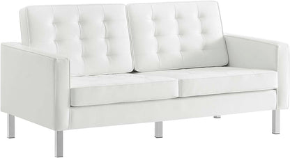 Loft Tufted Button Faux Leather Upholstered Loveseat in Silver Black